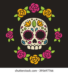 Mexican Dia De Los Muertos (Day Of The Dead) Sugar Skull With Flowers Vector Illustration.