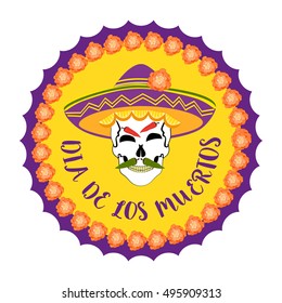 Mexican Dia de los Muertos ( Day of the Dead) sugar skull, flowers. Traditional holiday celebration emblem. Design of festival party banner sticker with cavalera symbol background. Vector illustration