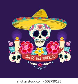 Mexican Dia de los Muertos (Day of the Dead) skull with flowersand candles, hand drawn vector illustration.