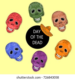 Mexican Dia de los Muertos. Collection of the Day of the Dead sugar skulls calavera in different colours