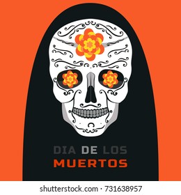 Mexican Dia de los Muertos. Day of the Dead decorated sugar skull. Traditional holiday celebration in Mexico. Flat colorful style. Vector design of festive party banner with cavalera symbol background