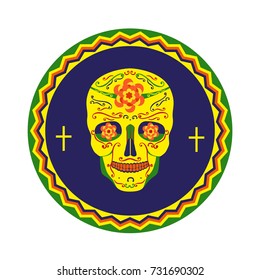 Mexican Dia de los Muertos. Day of the Dead sugar skull, flowers. Traditional holiday celebration emblem. Design of festival party banner sticker with cavalera symbol background. Vector illustration