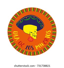 Mexican Dia de los Muertos. Day of the Dead sugar skull, flowers. Traditional holiday celebration emblem. Design of festival party banner sticker with cavalera symbol background. Vector illustration