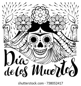 Mexican Dia de los Muertos text. Day of the Dead. Human skull and burning candles. Vector illustration