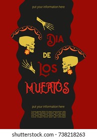 Mexican Dia de los Muertos. Day of the Dead Sugar Skull. Traditional holiday in Mexico. Flat colorful skeleton bones  playful cartoon. Flyer template size A4. Decorative vector banner background