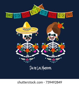 Mexican Dia de los Muertos (Day of the Dead) skeleton couple, greeting card, vector illustration.