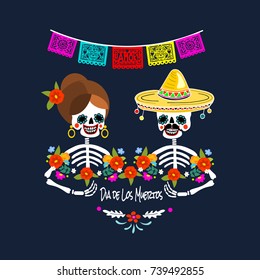 Mexican Dia de los Muertos (Day of the Dead) skeleton couple, greeting card, vector illustration.