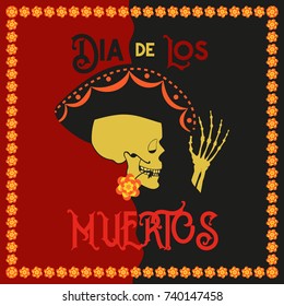 Mexican Dia de los Muertos. Day of the Dead decorated sugar skull in sombrero, roses frame. Traditional holiday in Mexico. Flat colorful style. Vector design of festive banner with cavalera background
