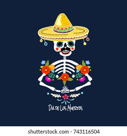 Mexican Dia de los Muertos (Day of the Dead) skeleton man, greeting card, vector illustration.