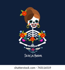 Mexican Dia de los Muertos (Day of the Dead) skeleton woman, greeting card, vector illustration.