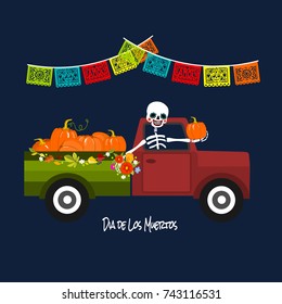 Mexican Dia de los Muertos (Day of the Dead) skeleton in a pick up with pumpkins, greeting card, vector illustration.