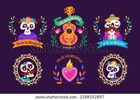 Mexican Dia de los Muertos labels. 6 different labels with traditional Mexican elements to celebrate the Day of the Dead. Isolated elements, perfect for sticker designs, online posts, party events... 