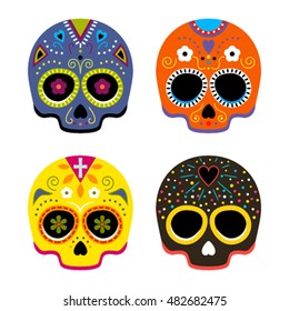 Mexican Dia de los-Muertos (Day of the Dead) or halloween. Set skull with flowers and vintage ornaments. Flat vector illustration isolate on a white background