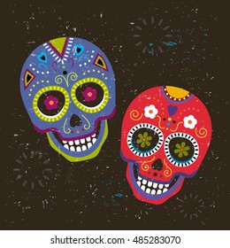 Mexican Dia de los-Muertos (Day of the Dead) or halloween. banner with a skull in a flat retro style


