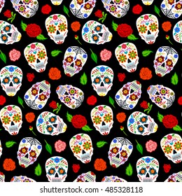 Mexican Dia Los Muertos seamless pattern with sugar skulls and roses on black backgrounds