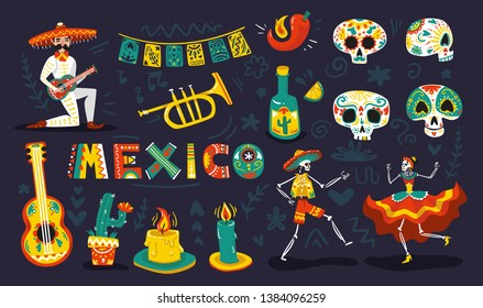 Mexican dia muertos day dead symbols attributes colorful set with dancing skeletons sugar skulls masks vector illustration