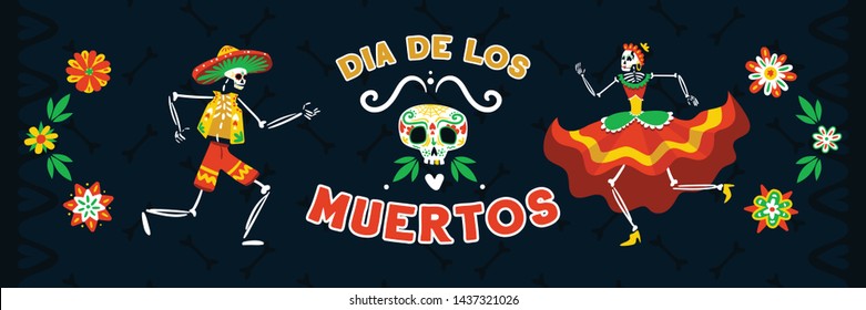 Mexican dia muertos day dead celebration with dancing in national costumes skeletons black horizontal banner vector illustration 