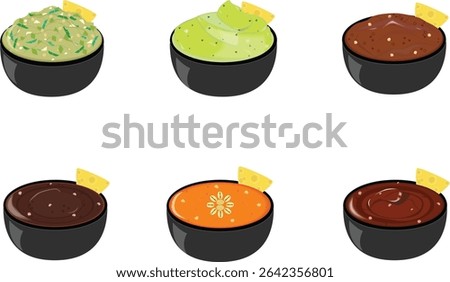 The Mexican dip with bowl-Avocado cream, Salsa green, Chile Pasilla Sauce, Tamarind Sauce, Peanut Sauce, Chile Morita Sauce