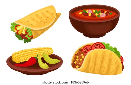 Mexican Dish with Burrito and Stewed Beans Vector Set