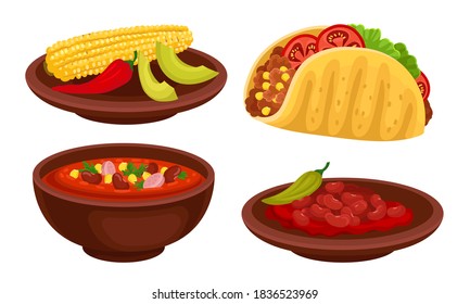 Mexican Dish with Burrito and Stewed Beans Vector Set