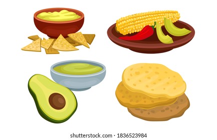 Plato mexicano con trozos y Guacamole con conjunto vectorial Nacho