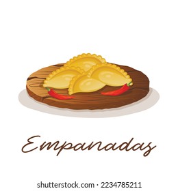 Mexican dish empanadas meat patty with chili peppers on a wooden tray. Fast food restaurant and street food snacks, meat tortillas, takeaway food delivery