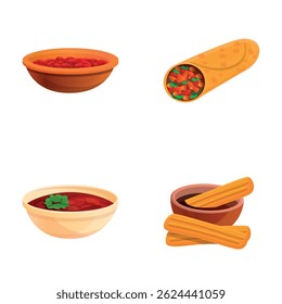 Mexican dish icons set cartoon vector. Mexican soup, burrito and churros. Food concept