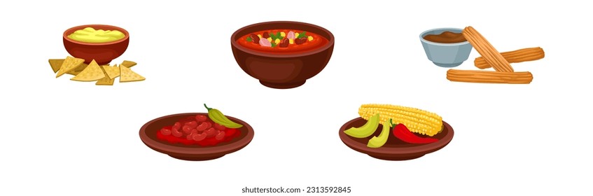 Mexican Dish and Meal as Traditional Cuisine Vector Set