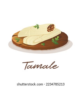 Mexican dish tamale minced meat wrapped in a corn leaf with parsley on a wooden tray. Fast food restaurant and street food snacks, meat tortillas, takeaway food delivery