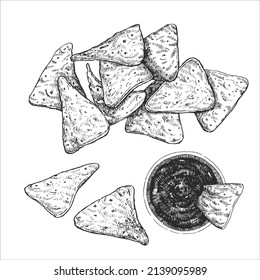 Mexican Dishes. Hand-drawn Illustration Of Tortilla Chips. Vector. Ink Drawing. 