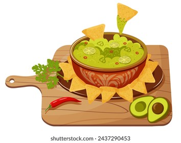 Mexican dishes on colorful plates, Nachos Chips with Guacamole Traditional Mexican Cuisine, Vector Flat Illustration