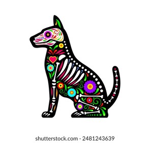 Tatuaje de animal de perro mexicano, el día de la mascota de la calavera de azúcar muerta. Forma de cachorro aislado de Vector Dia de los muertos con vibrantes motivos florales y huesos que simbolizan el recuerdo y la celebración de los perros fallecidos