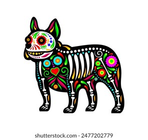 Mexican dog animal tattoo, Isolated vector Dia de los muertos puppy shape, day of the dead sugar skull pet with vibrant floral motifs and bones symbolizing remembrance and celebration of deceased dogs