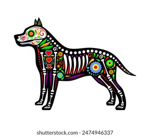 Mexican dog animal tattoo with skull, skeleton bones, hearts and vector floral ornament. Day of Dead, Dia de Los Muertos or Mexican fiesta and Halloween holiday decoration of skeleton dog for tattoo