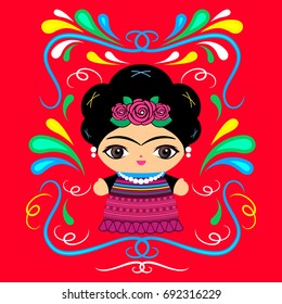 Mexican Doll with decorative background vector illustration