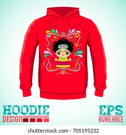 Mexican Doll with decorative ornaments hoodie print design template, vector illustration