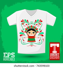 Mexican Doll with decorative ornaments t-shirt print design template, vector illustration