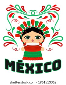 Mexican Doll with decorative ornaments and vector Mexico text.