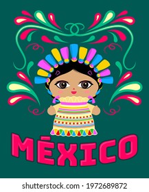 Mexican Doll with decorative ornaments and vector Mexico text.
