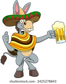 Mexican Donkey Cartoon Character Holding A Mug Of Beer And Giving The Thumbs Up. Vector Hand Drawn Illustration Isolated On Transparent Background