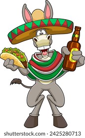 Mexican Donkey Cartoon Character Holding Taco And Bottle Of Beer. Vector Hand Drawn Illustration Isolated On Transparent Background