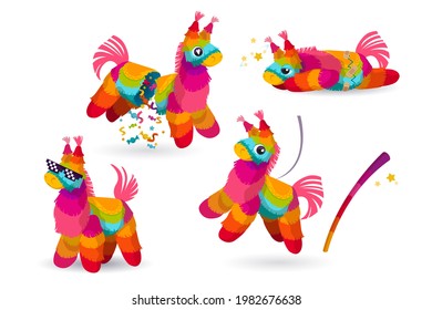 Mexican donkey pinata and bat, colorful toys with treats and confetti for child birthday, party celebration, carnival or fiesta, cute paper animals for candies, Cartoon vector illustration, icons set