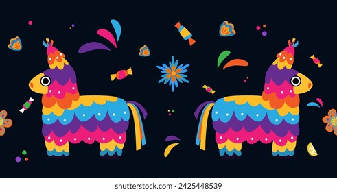 Mexican donkey pinata with candies. Decorative festive seamless border.