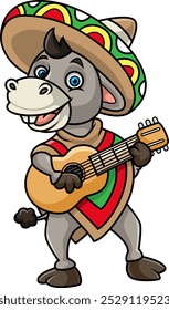 Mexican donkey playing guitar and wearing a sombrero Mexican hat of illustration