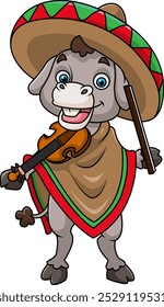 Mexican donkey playing violin and wearing a sombrero Mexican hat of illustration