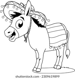 Mexican donkey with sombrero. Vector black and white coloring page.