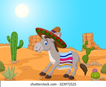 Mexican donkey wearing a sombrero and a colorful blanket. 