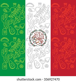 Mexican doodle Flag with traditional elements of culture