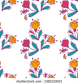 Mexican Doodle Flowers Seamless Pattern. Textile and Surface Design Texture. Wrapping Paper and Scrapbooking Template. Vector Illustration.