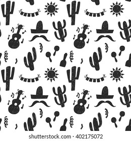 Mexican doodle seamless pattern. Black and white vector background.